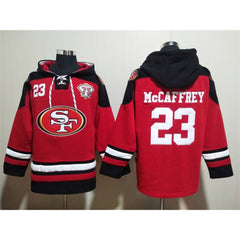 Men's San Francisco 49ers #23 Christian McCaffrey Red With 75th Anniverseray Patch Ageless Must-Have Lace-Up Pullover Hoodie 