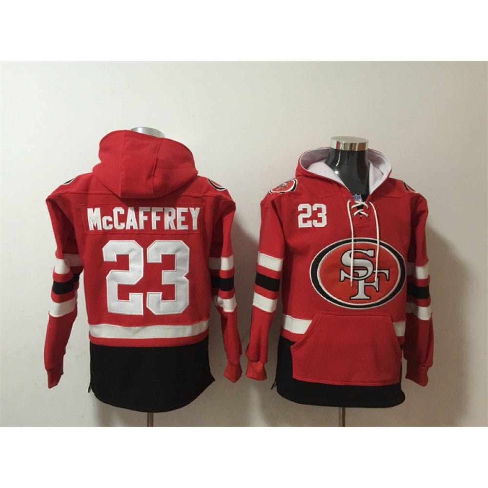 Men's San Francisco 49ers #23 Christian McCaffrey Red/Black Ageless Must-Have Lace-Up Pullover Hoodie 