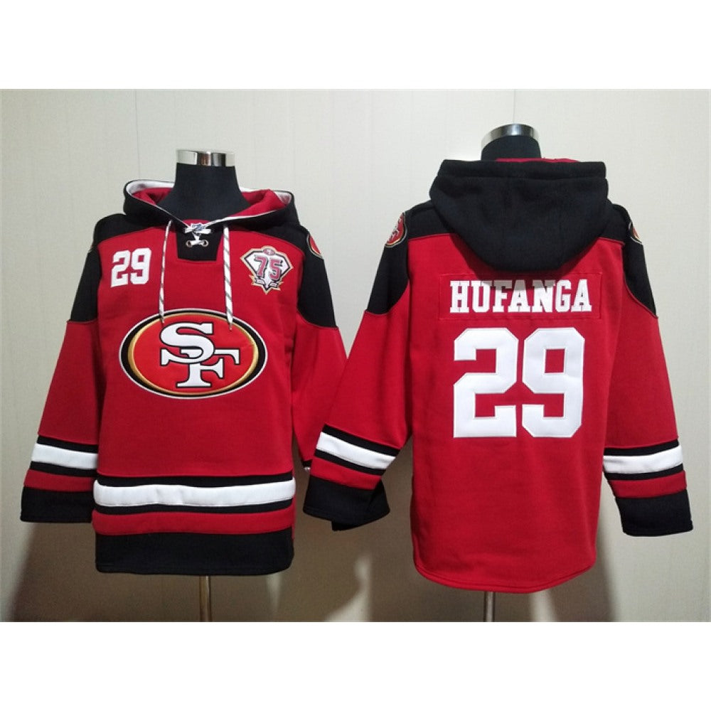 Men's San Francisco 49ers #29 Talanoa Hufanga Red With 75th Anniverseray Patch Ageless Must-Have Lace-Up Pullover Hoodie 