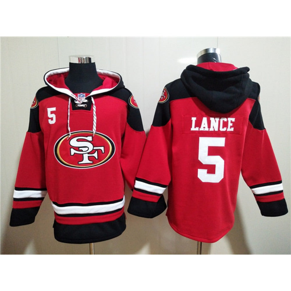 Men's San Francisco 49ers #5 Trey Lance Red All Stitched Sweatshirt Hoodie 