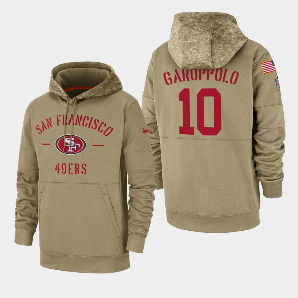 Men's San Francisco 49ers #10 Jimmy Garoppolo Tan 2019 Salute to Service Sideline Therma Pullover Hoodie 