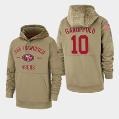 Men's San Francisco 49ers #10 Jimmy Garoppolo Tan 2019 Salute to Service Sideline Therma Pullover Hoodie 