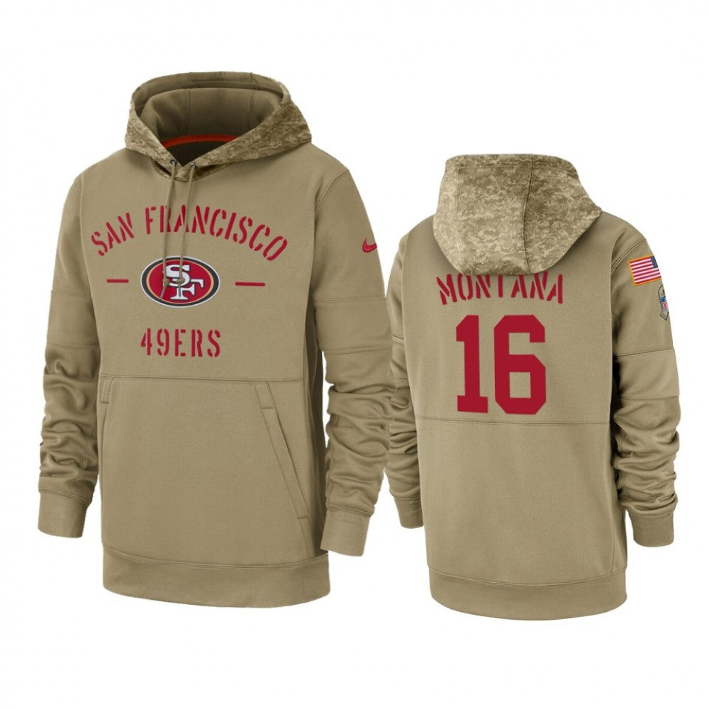 Men's San Francisco 49ers #16 Joe Montana Tan 2019 Salute to Service Sideline Therma Pullover Hoodie 