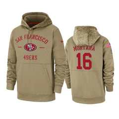 Men's San Francisco 49ers #16 Joe Montana Tan 2019 Salute to Service Sideline Therma Pullover Hoodie 