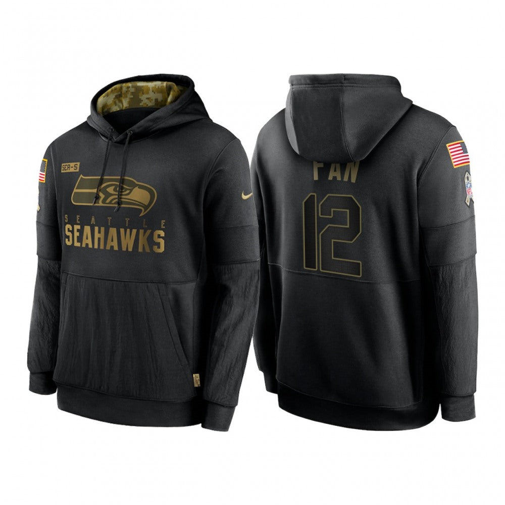 Men's Seattle Seahawks #12 Fan 2020 Black Salute to Service Sideline Performance Pullover Hoodie 