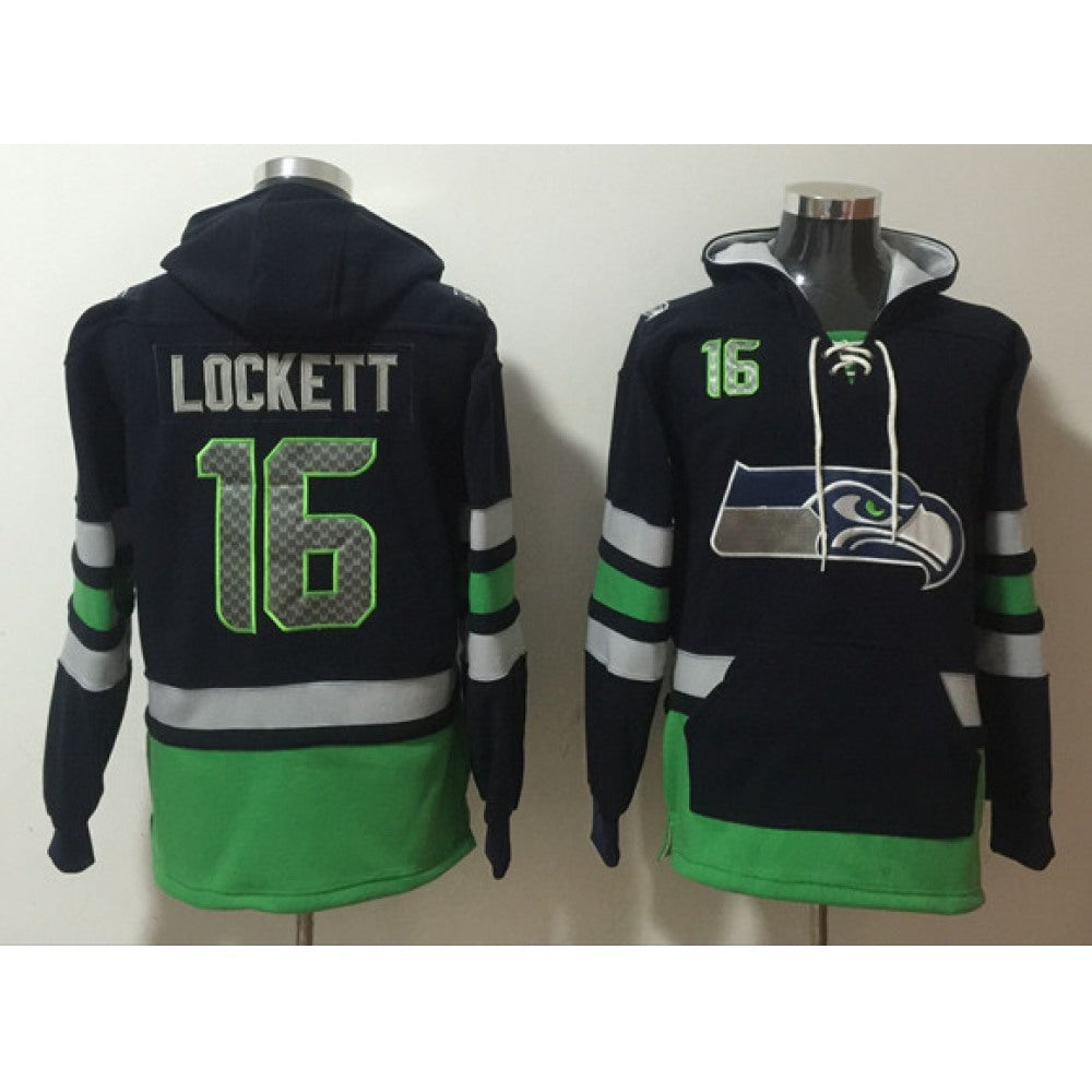 Men's Seattle Seahawks #16 Tyler Lockett Black/Green Ageless Must-Have Lace-Up Pullover Hoodie 