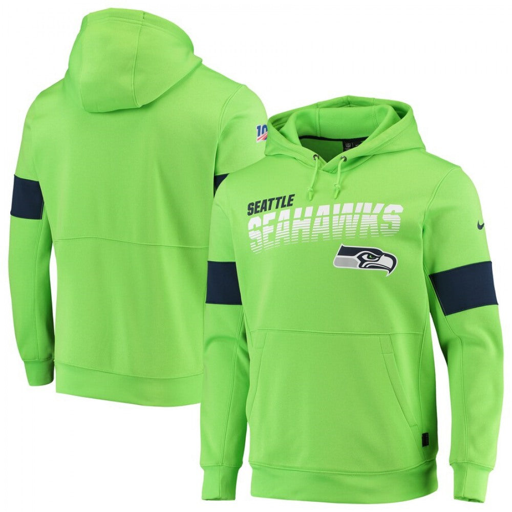 Men's Seattle Seahawks 2019 Neon Green 100th Season Sideline Team Logo Performance Pullover Hoodie 