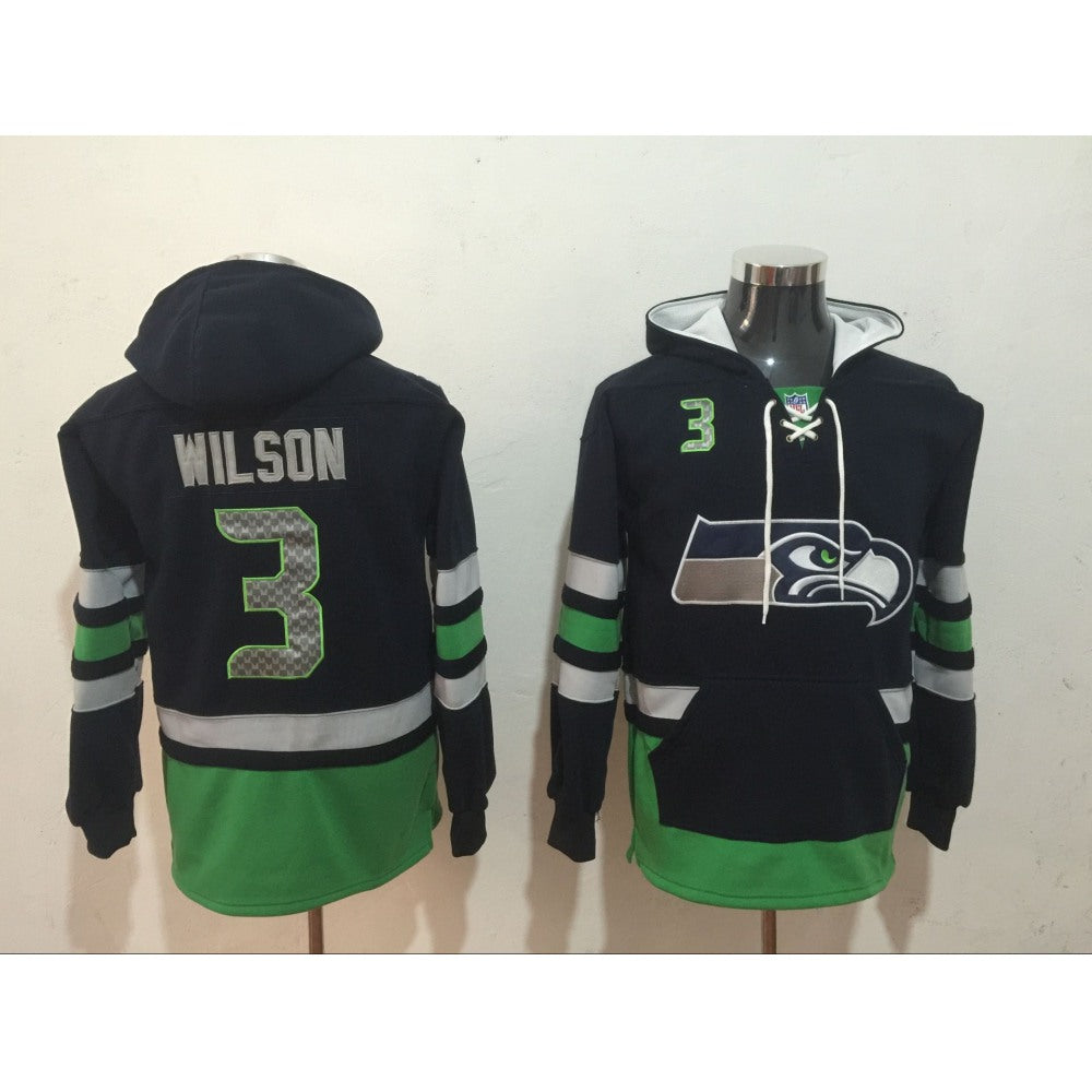 Men's Seattle Seahawks #3 Russell Wilson Navy Blue All Stitched NFL Hoodie Sweatshirt 