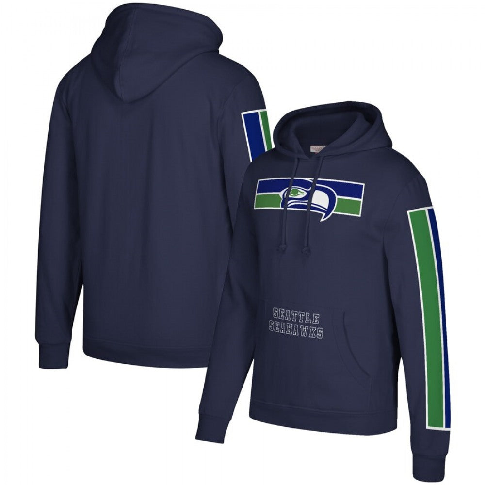 Men's Seattle Seahawks 2019 Navy Mitchell & Ness Three Stripe Pullover Hoodie 