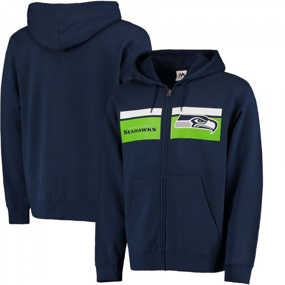 Men's Seattle Seahawks Navy Majestic Touchback Full-Zip NFL Hoodie 