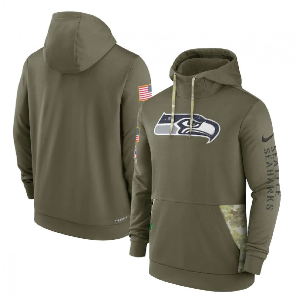 Men's Seattle Seahawks 2022 Olive Salute to Service Therma Performance Pullover Hoodie 