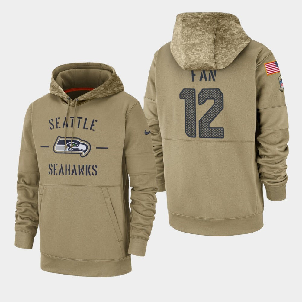 Men's Seattle Seahawks #12 Fan Tan 2019 Salute to Service Sideline Therma Pullover Hoodie 
