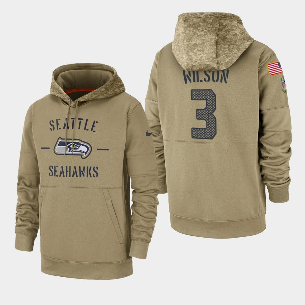 Men's Seattle Seahawks #3 Russell Wilson Tan 2019 Salute to Service Sideline Therma Pullover Hoodie 
