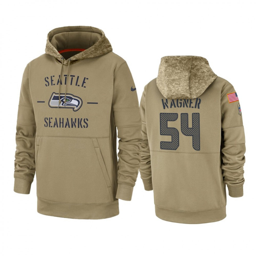 Men's Seattle Seahawks #54 Bobby Wagner Tan 2019 Salute to Service Sideline Therma Pullover Hoodie 