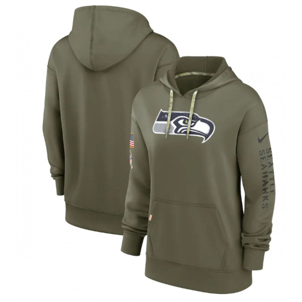 Women's Seattle Seahawks 2022 Olive Salute to Service Therma Performance Pullover Hoodie(Run Small) 