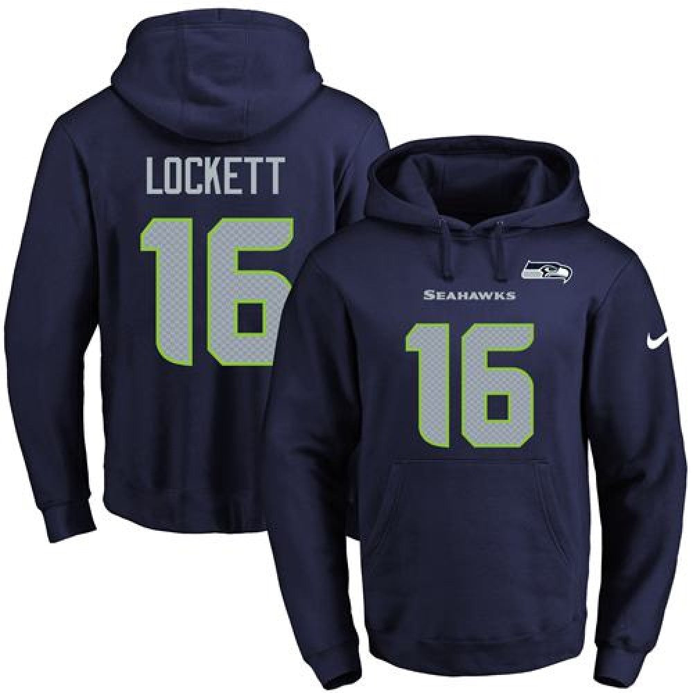 Seahawks #16 Tyler Lockett Navy Blue Name & Number Pullover NFL Hoodie 