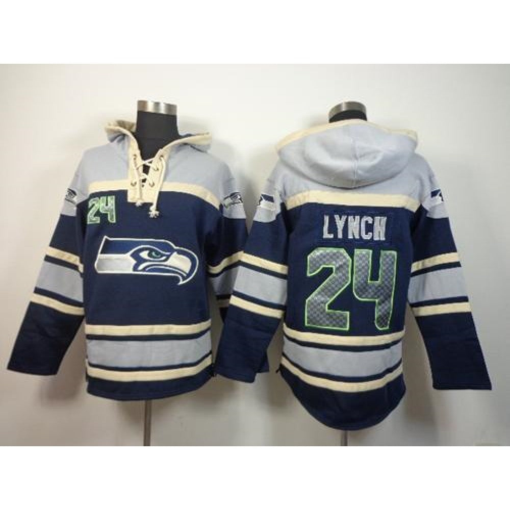 Seahawks #24 Marshawn Lynch Navy Blue Sawyer Hoodie Sweatshirt NFL Hoodie 