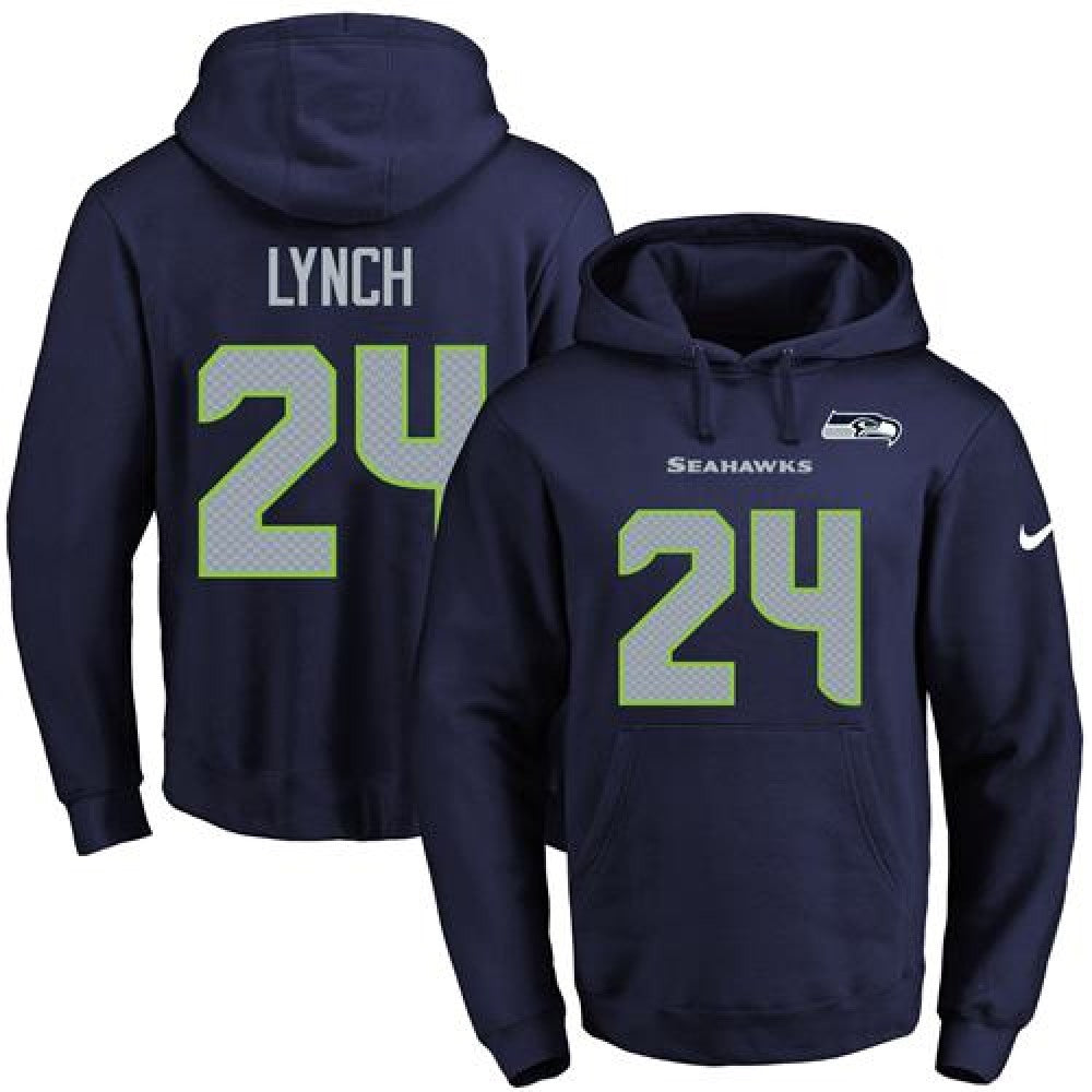 Seahawks #24 Marshawn Lynch Navy Blue Name & Number Pullover NFL Hoodie 