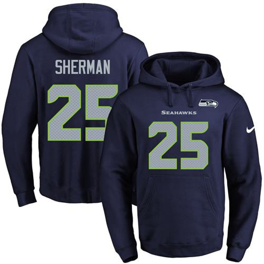 Seahawks #25 Richard Sherman Navy Blue Name & Number Pullover NFL Hoodie 