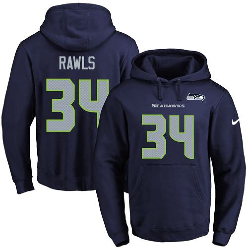 Seahawks #34 Thomas Rawls Navy Blue Name & Number Pullover NFL Hoodie 