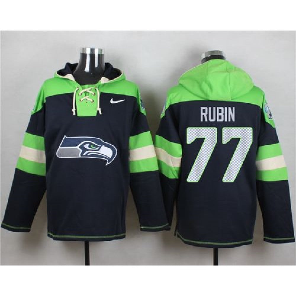 Seahawks #77 Ahtyba Rubin Navy Blue Player Pullover NFL Hoodie 