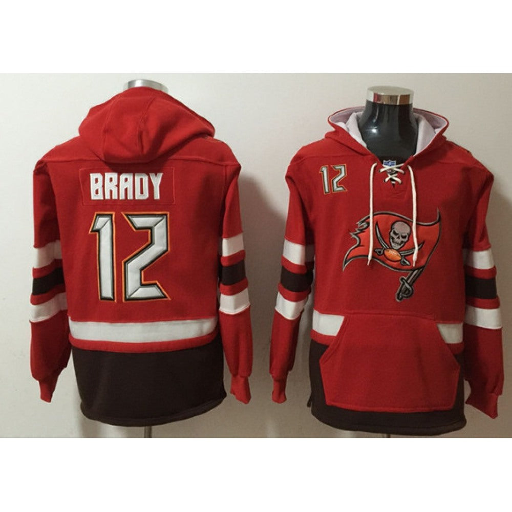 Men's Tampa Bay Buccaneers #12 Tom Brady Red Ageless Must-Have Lace-Up Pullover Hoodie 