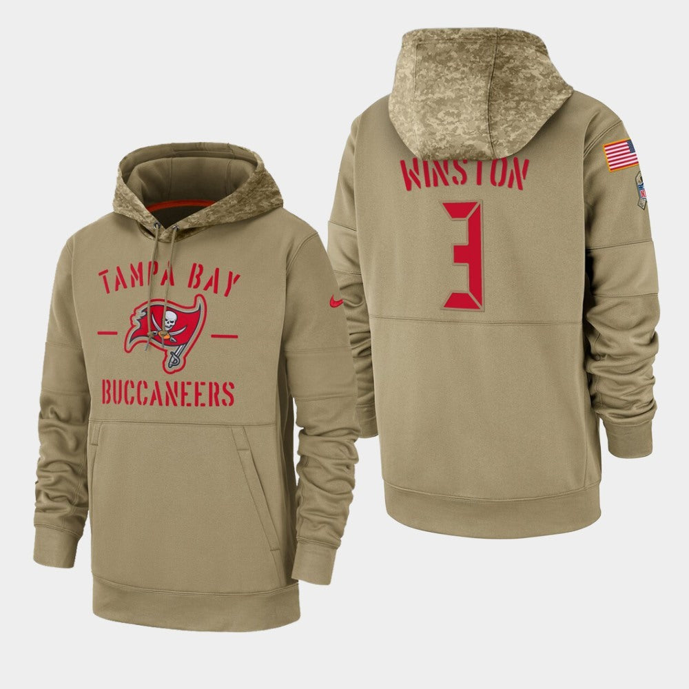 Men's Tampa Bay Buccaneers #3 Jameis Winston Tan 2019 Salute to Service Sideline Therma Pullover Hoodie 