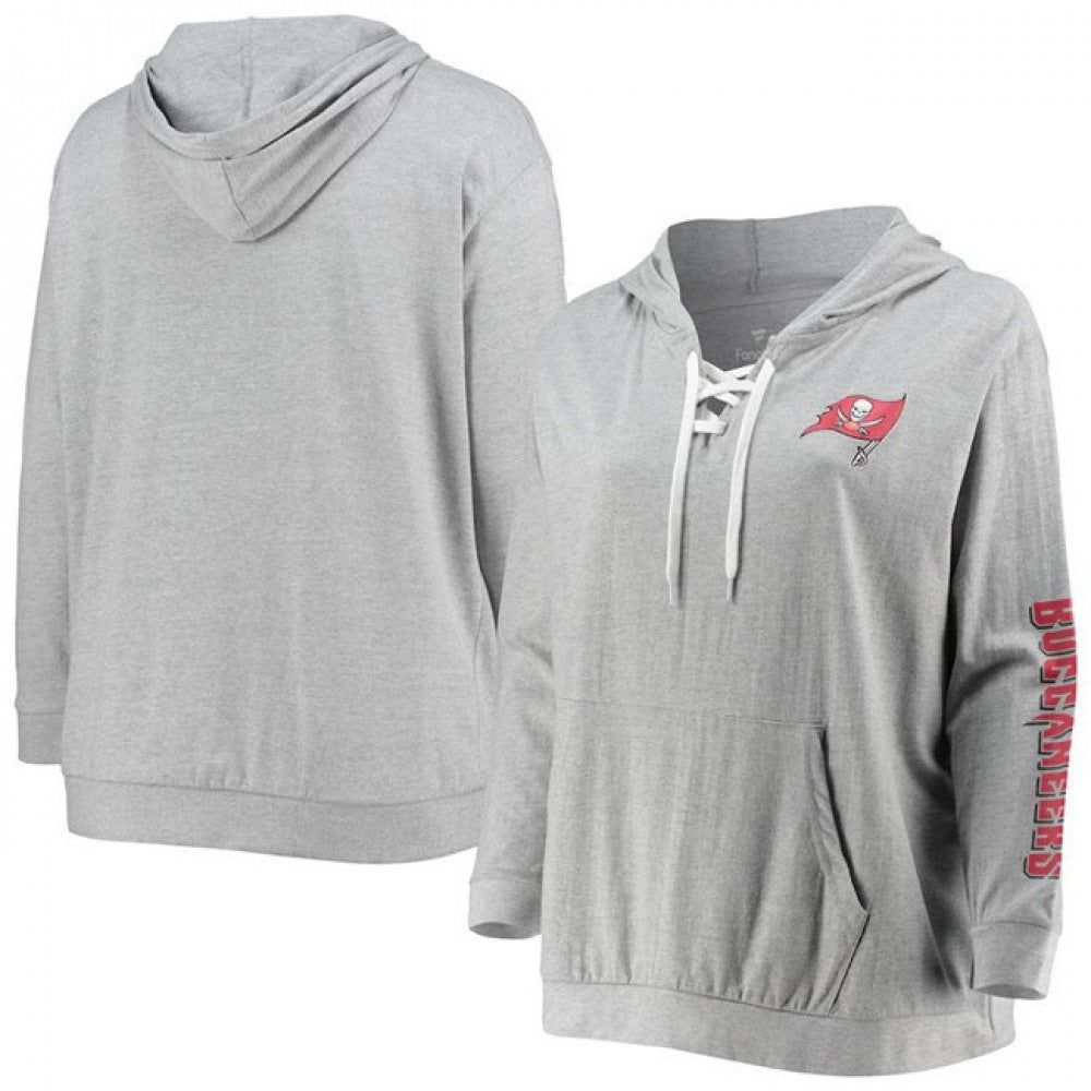 Women's Tampa Bay Buccaneers Heathered Gray Plus Size Lace-Up Pullover Hoodie 