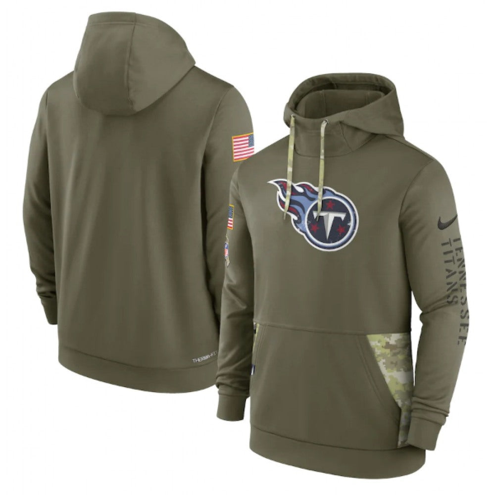Men's Tennessee Titans 2022 Olive Salute to Service Therma Performance Pullover Hoodie 
