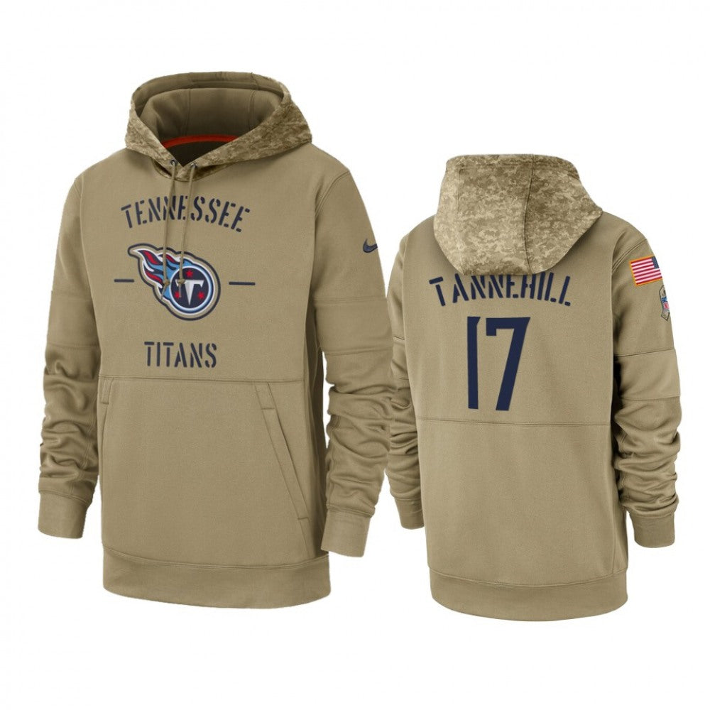 Men's Tennessee Titans #17 Ryan Tannehill Tan 2019 Salute to Service Sideline Therma Pullover Hoodie 