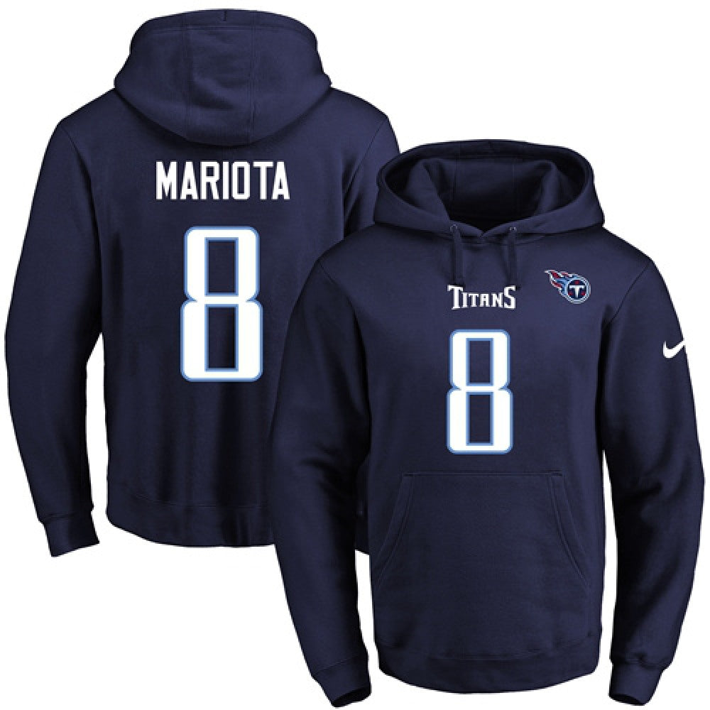 Titans #8 Marcus Mariota Navy Blue Name & Number Pullover NFL Hoodie 