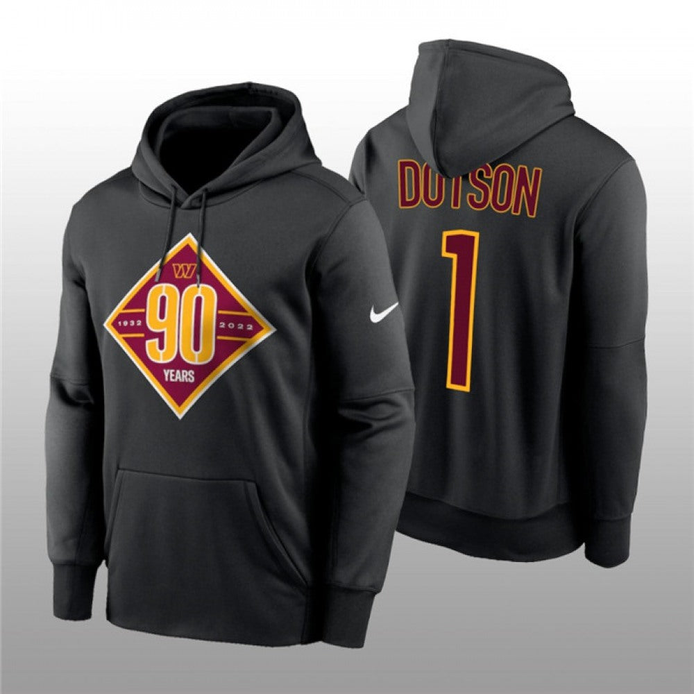 Men's Washington Commanders #1 Jahan Dotson Black 90th Anniversary Performance Pullover Hoodie 