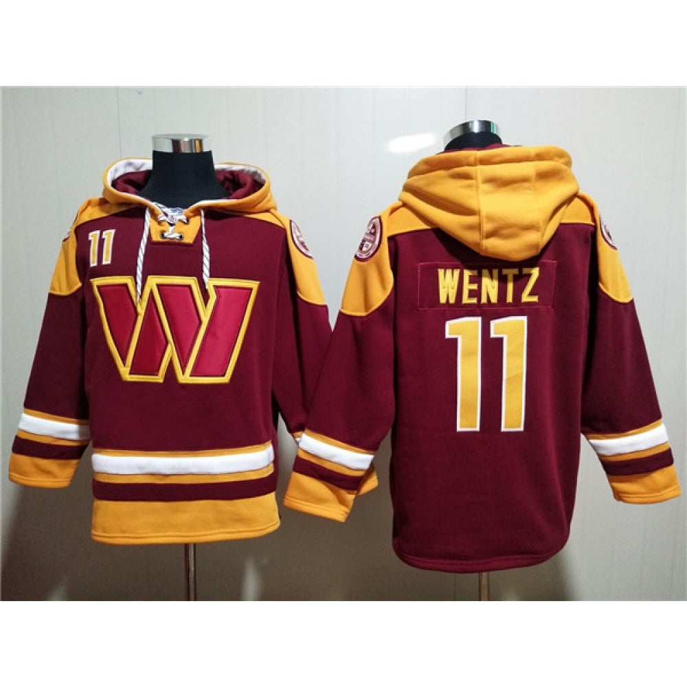 Men's Washington Commanders #11 Carson Wentz Burgundy Lace-Up Pullover Hoodie 