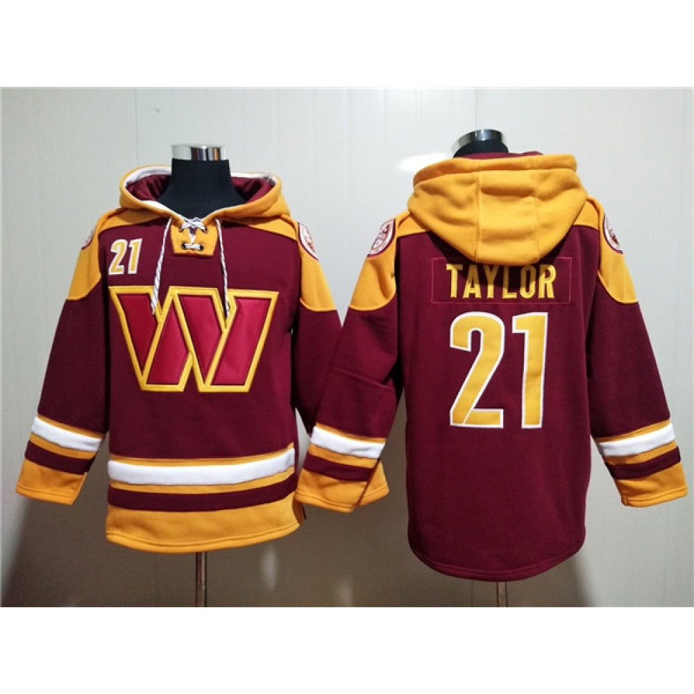 Men's Washington Commanders #21 Sean Taylor Burgundy Lace-Up Pullover Hoodie 