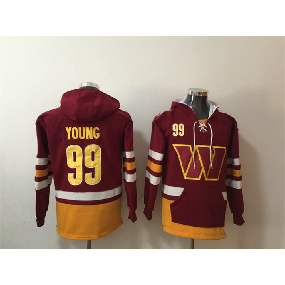 Men's Washington Commanders #99 Chase Young Burgundy Lace-Up Pullover Hoodie 