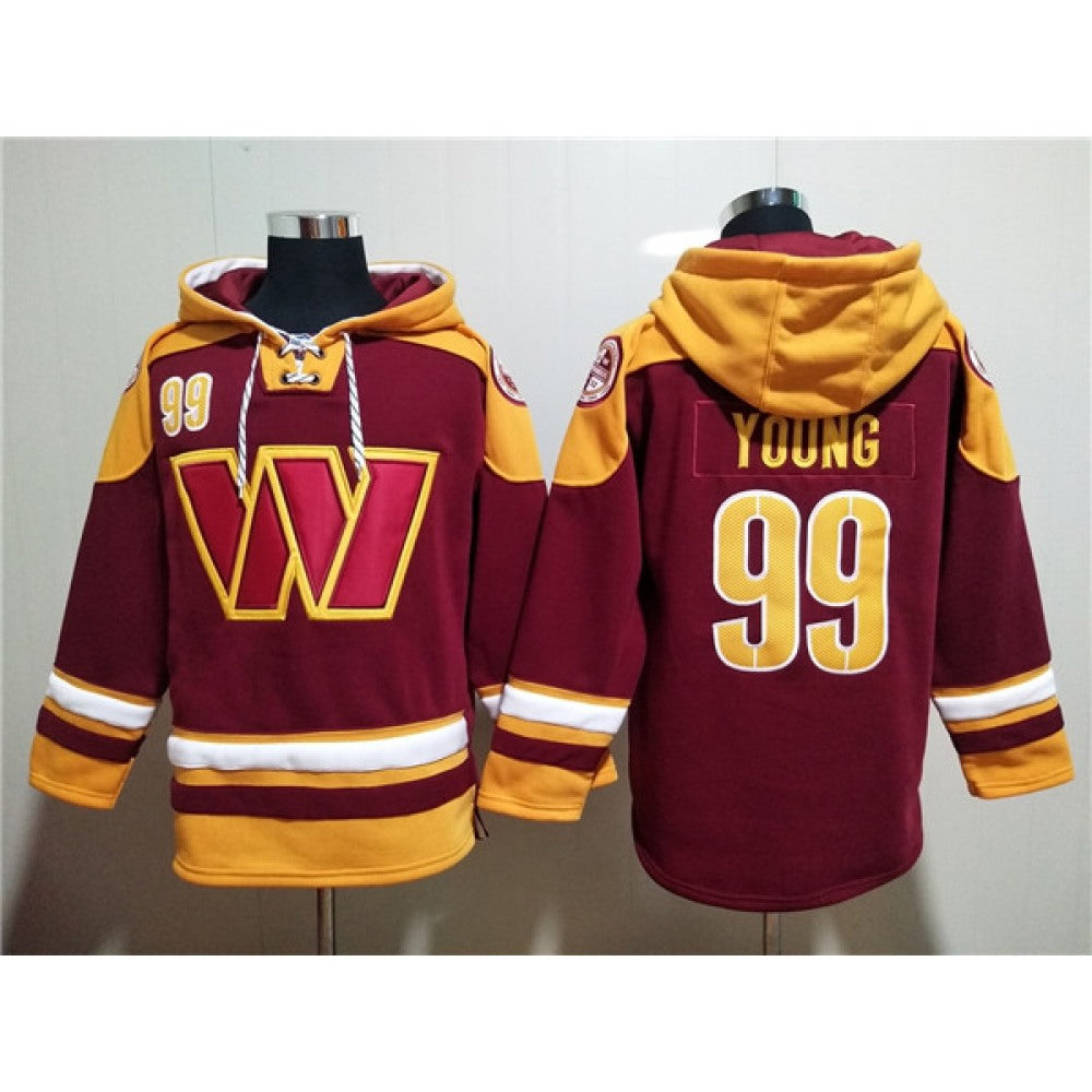 Men's Washington Commanders #99 Chase Young Burgundy Lace-Up Pullover Hoodie 