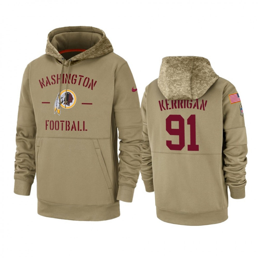 Men's Washington Redskins #91 Ryan Kerrigan Tan 2019 Salute to Service Sideline Therma Pullover Hoodie 