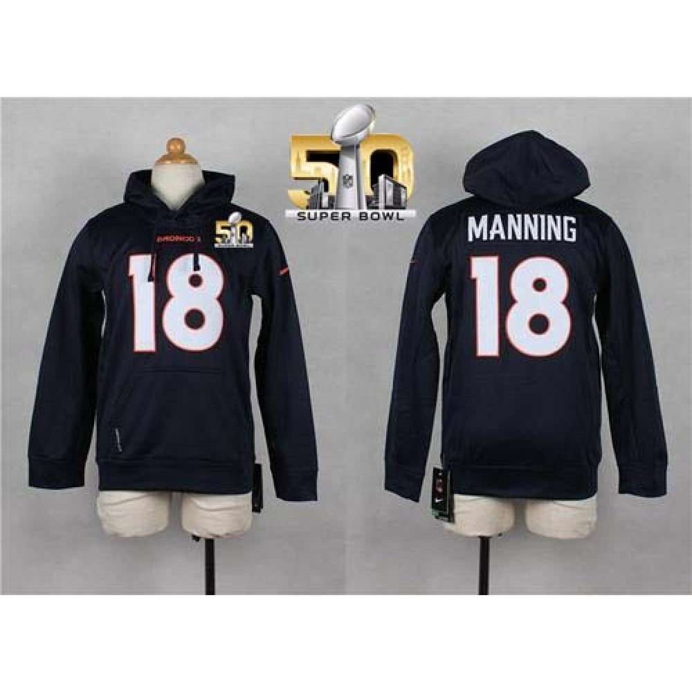 Broncos #18 Peyton Manning Navy Blue Super Bowl 50 Youth Pullover NFL Hoodie 