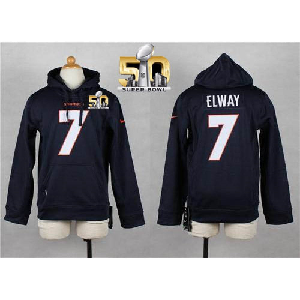Broncos #7 John Elway Navy Blue Super Bowl 50 Youth Pullover NFL Hoodie 