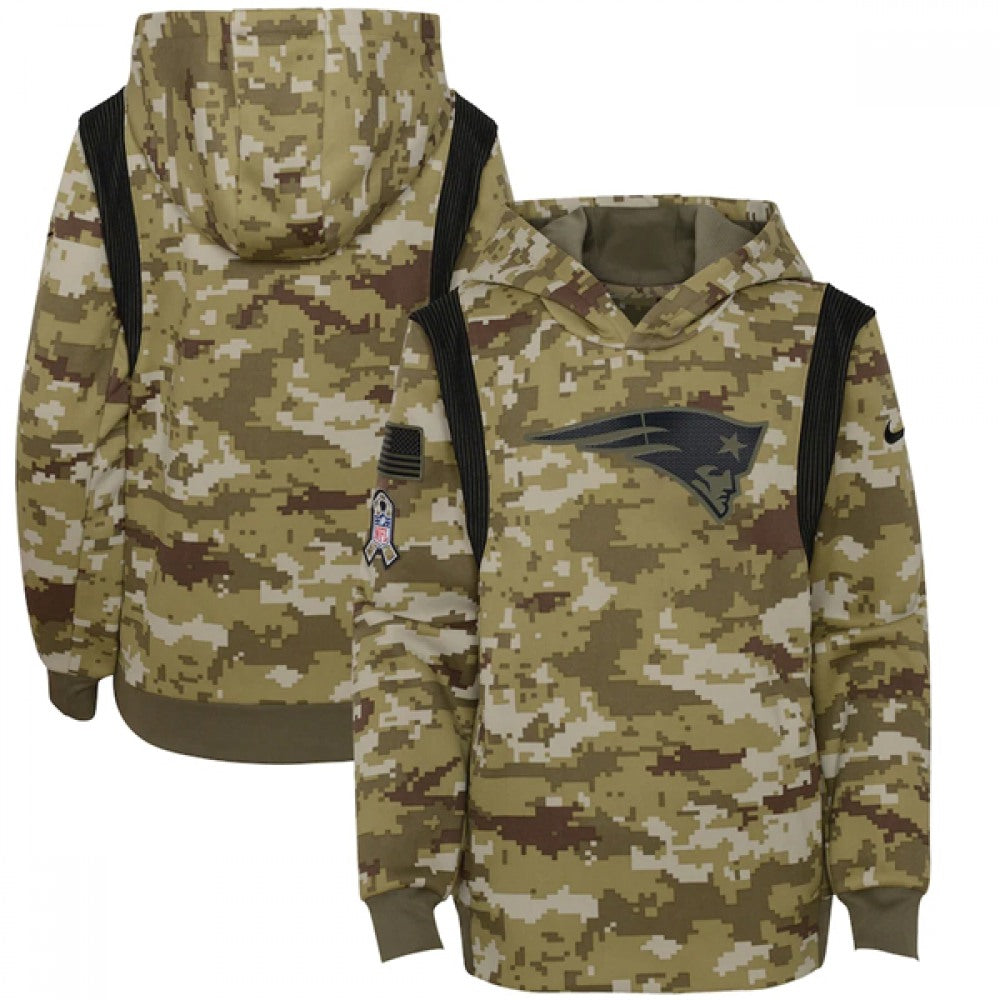 Youth New England Patriots 2021 Camo Salute To Service Therma Performance Pullover Hoodie 