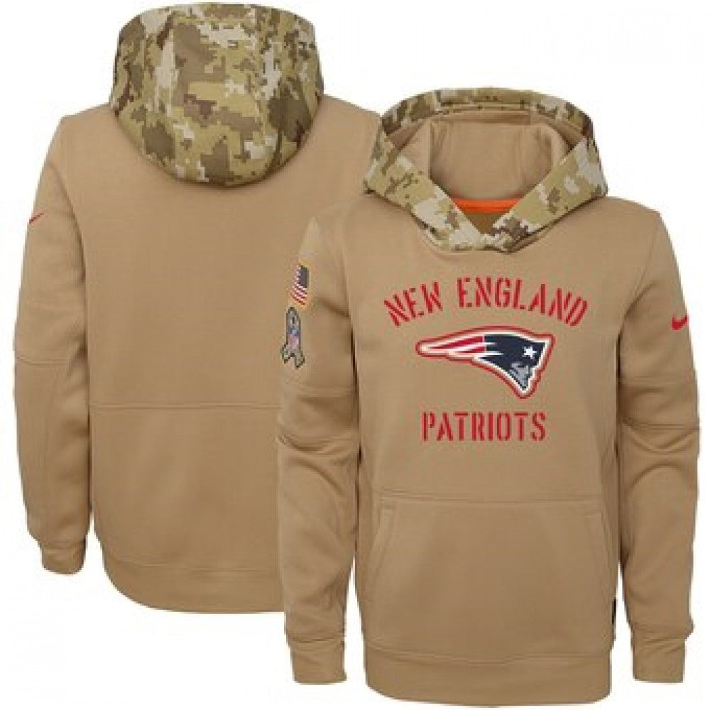 Youth New England Patriots Khaki 2019 Salute to Service Therma Pullover Hoodie 