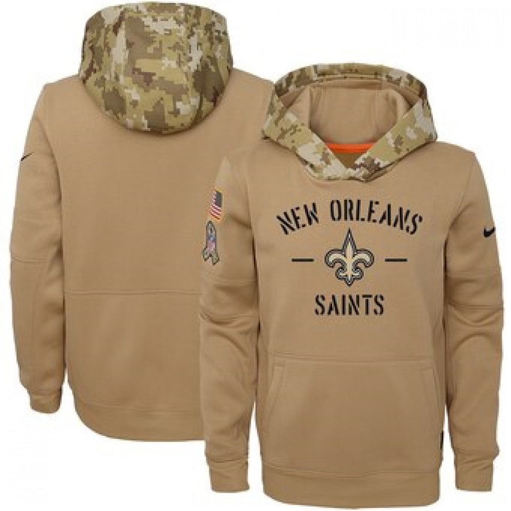 Youth New Orleans Saints Khaki 2019 Salute to Service Therma Pullover Hoodie 