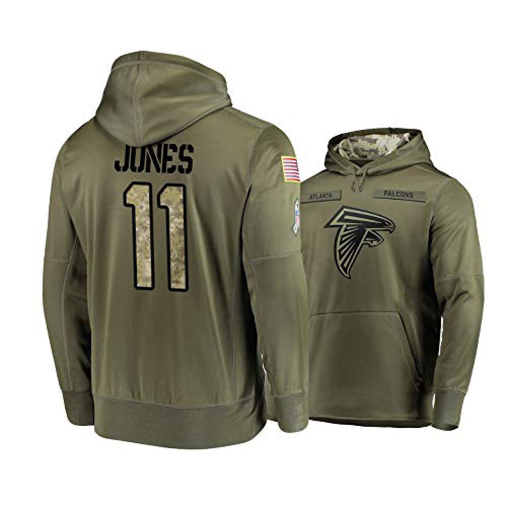 Men's Atlanta Falcons #11 Julio Jones 2019 Olive Salute To Service Sideline Therma Performance Pullover Hoodie 