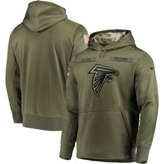Men's Atlanta Falcons 2018 Olive Salute to Service Sideline Therma Performance Pullover Stitched NFL Hoodie 