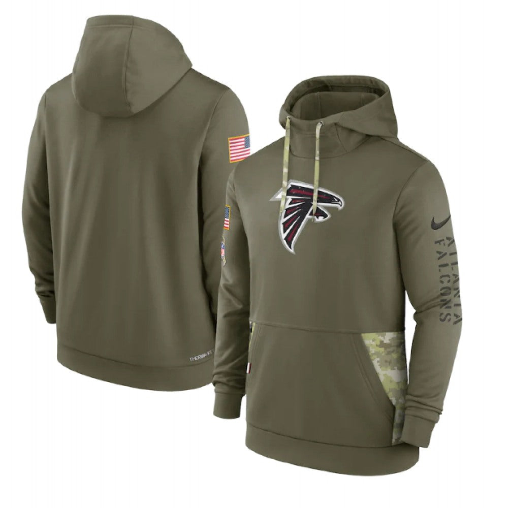 Men's Atlanta Falcons 2022 Olive Salute to Service Therma Performance Pullover Hoodie 