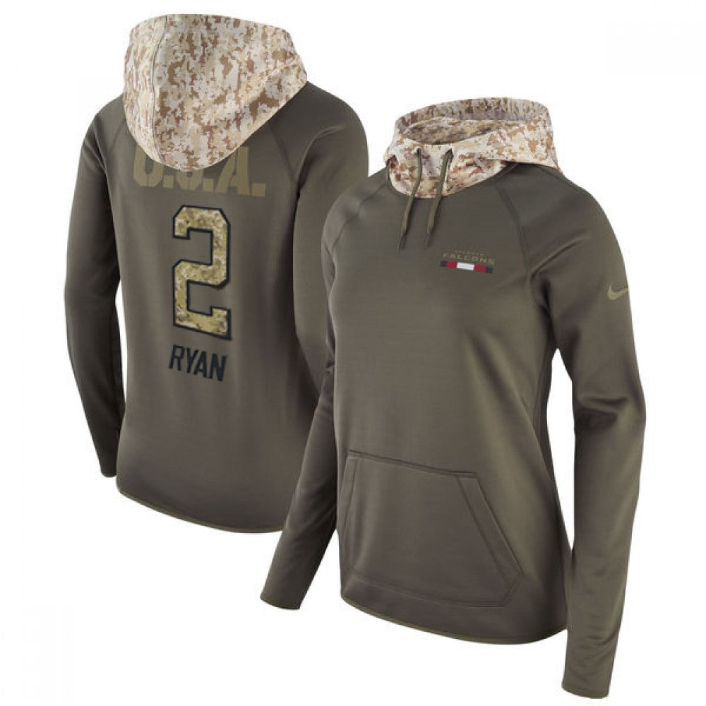 Women's Atlanta Falcons #2 Matt Ryan Olive Salute to Service Sideline Therma Pullover Hoodie 