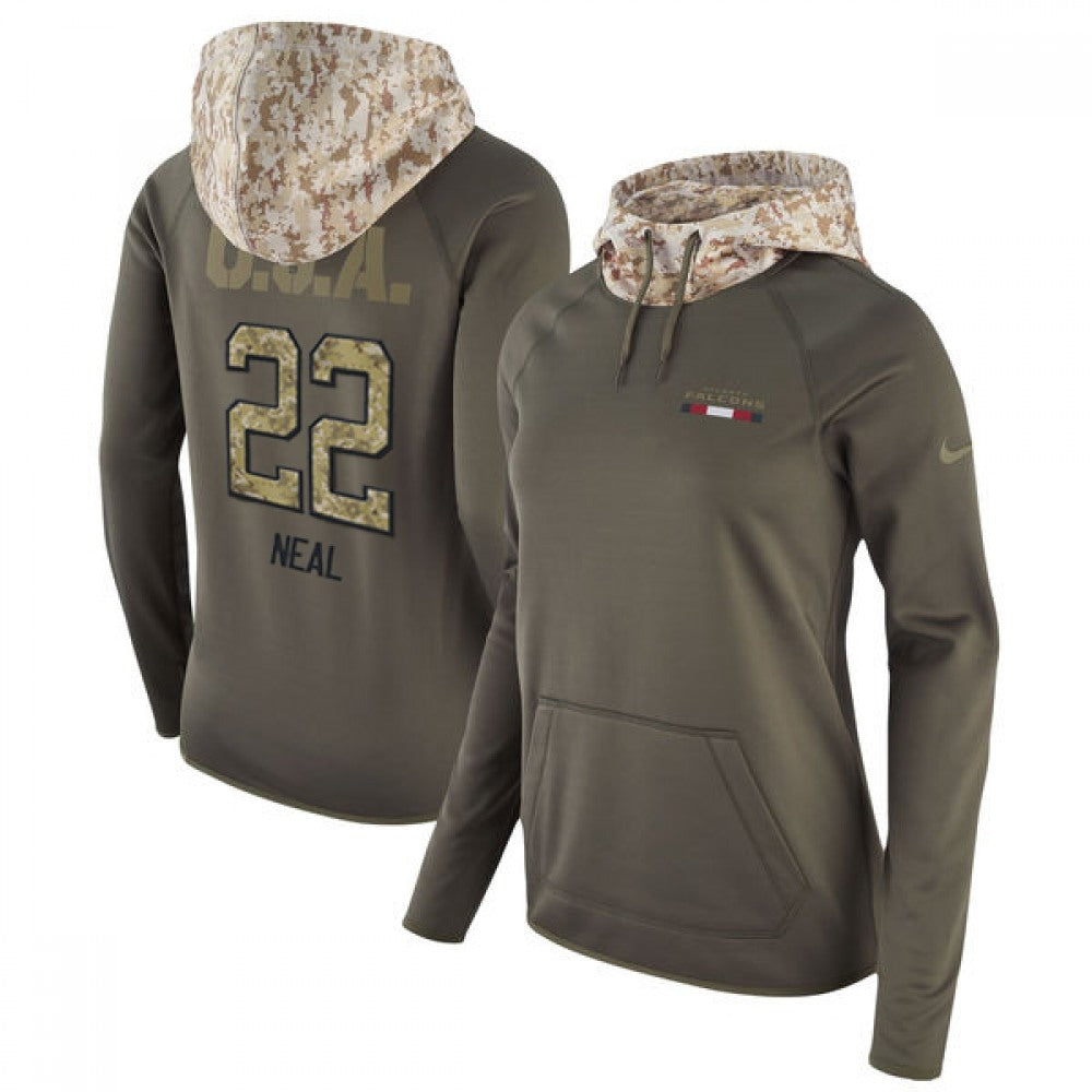 Women's Atlanta Falcons #22 Keanu Neal Olive Salute to Service Sideline Therma Pullover Hoodie 
