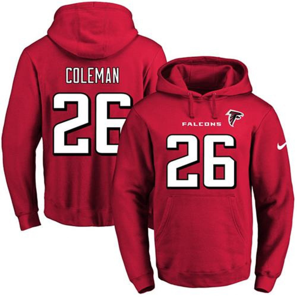 Falcons #26 Tevin Coleman Red Name & Number Pullover NFL Hoodie 