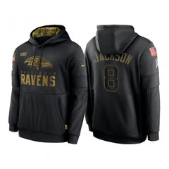 Men's Baltimore Ravens #8 Lamar Jackson 2020 Black Salute to Service Sideline Performance Pullover Hoodie 