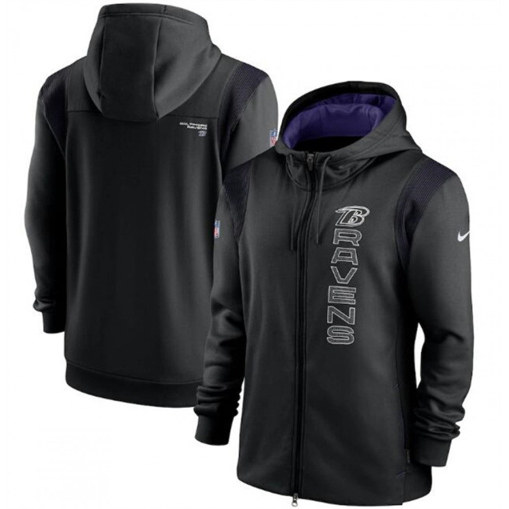Men's Baltimore Ravens 2021 Black Sideline Team Performance Full-Zip Hoodie 
